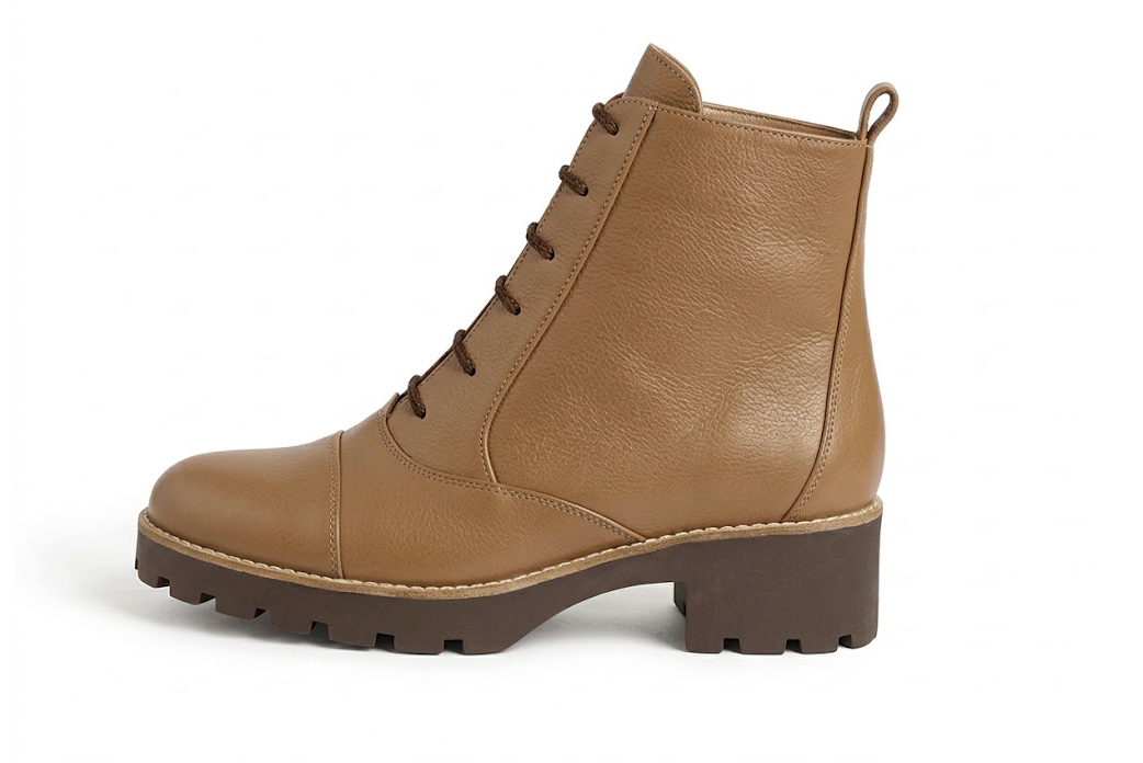 Classic front lace-up leather ankle boots offering tailored instep support, refined eyelet detailing, and timeless everyday sophistication, in camel leather with round toe and chunky rubber lug sole - Florence KOOIJMAN
